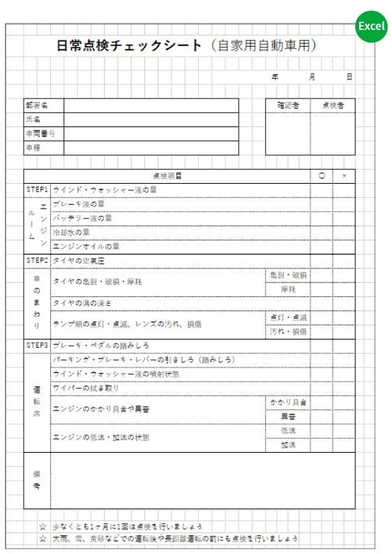 自家用自動車用の日常点検チェックシート