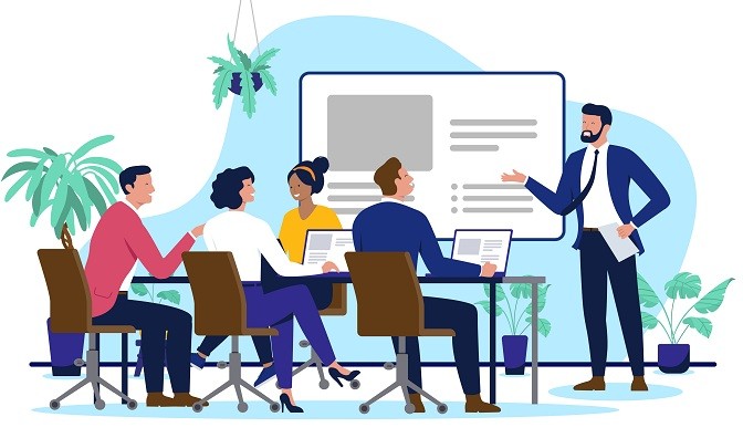 安全運転管理者が従業員に対し、安全運転に関する講習やミーティングを行っている様子のイラスト