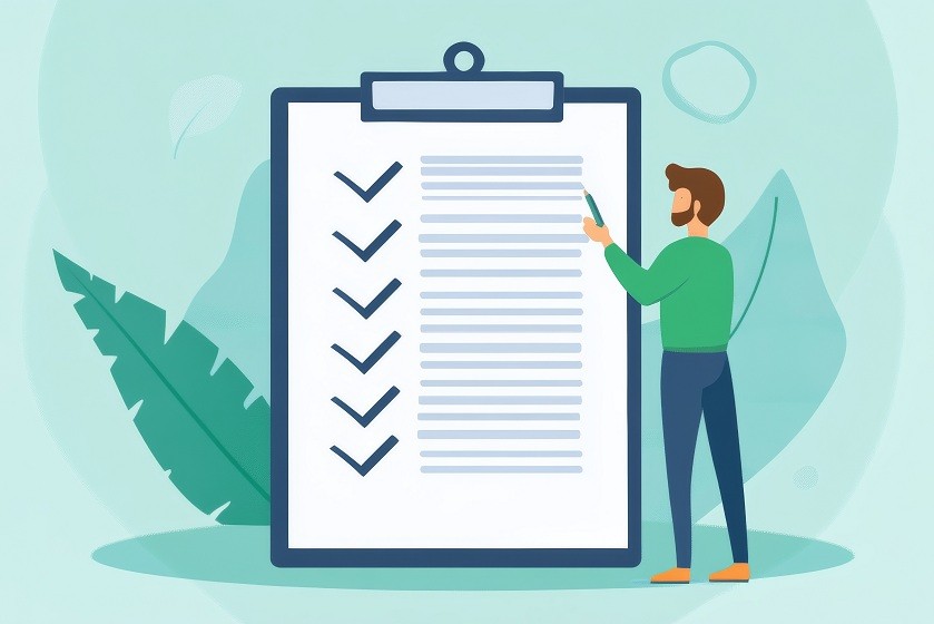 大きなクリップボードの記録簿に、男性が記入しているイラスト