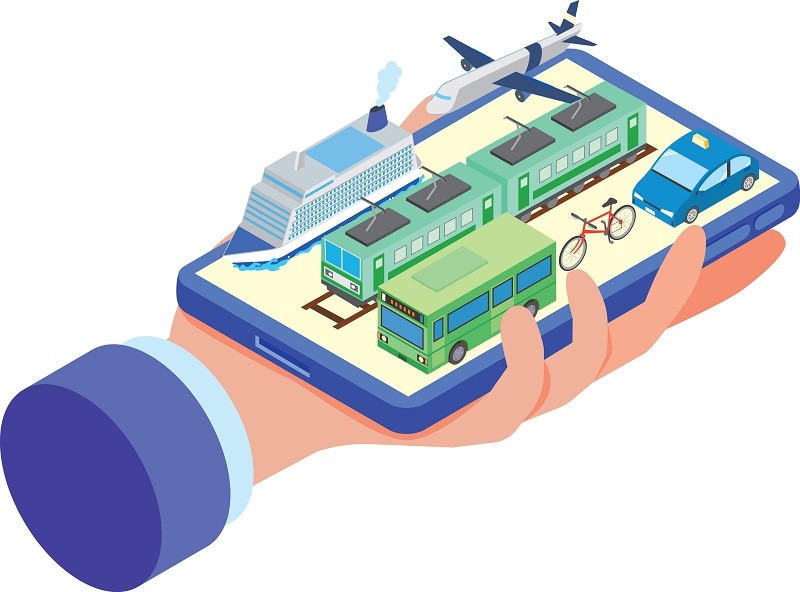 スマートフォンの画面上に、電車・バス・タクシー・船・飛行機などあらゆる移動手段が集結している様子を描いた、MaaS（モビリティ・アズ・ア・サービス）のイメージイラスト