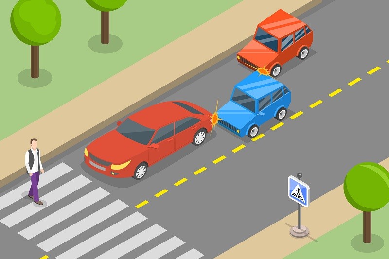 横断歩道の手前で停車した車に、後続車が追突している様子を描いた、漫然運転や交通事故のイメージイラスト