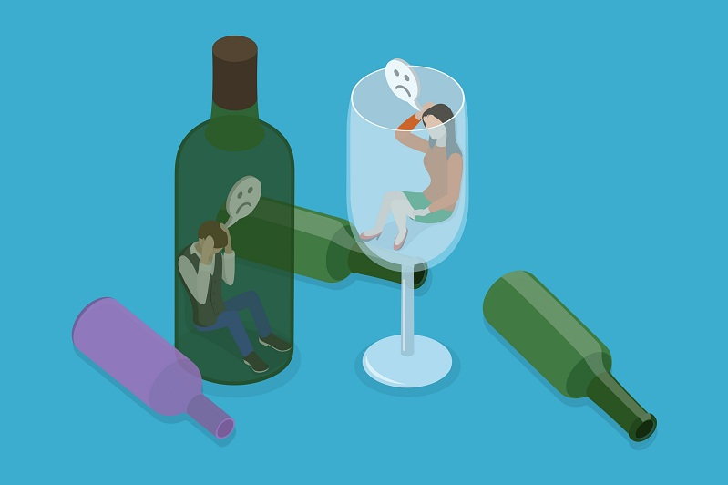酒瓶やワイングラスの中に閉じ込められ、頭を抱える男女のイラスト