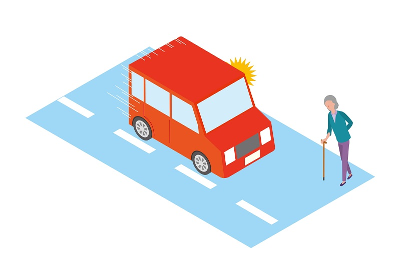 赤い車が道路を横断する老人の前で急ブレーキをかけているイラスト