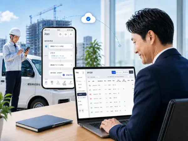 建設現場の作業員とオフィスで運行記録を確認するビジネスパーソン