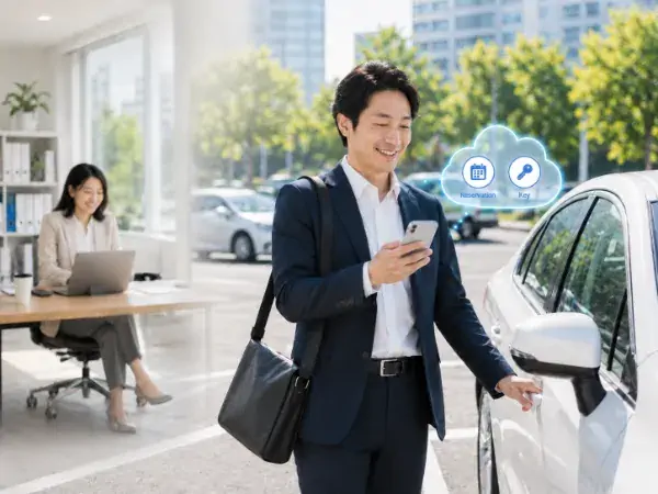 社用車の前でスマートフォンを操作するビジネスパーソン