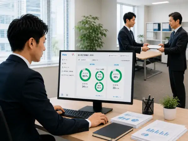 Bqeyの管理画面で車両の記録状況を確認するビジネスパーソン