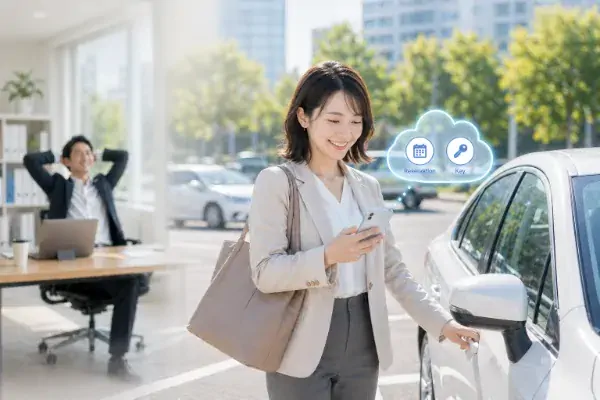 Bqeyアプリで車両のデジタルキーを操作するビジネスパーソン