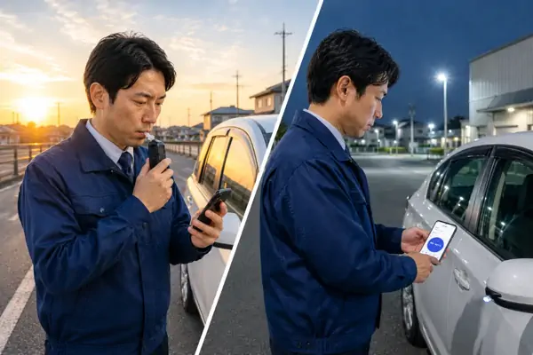 早朝と夜間、それぞれの現場でスマホからアルコールチェック・デジタルキーを利用するビジネスパーソン