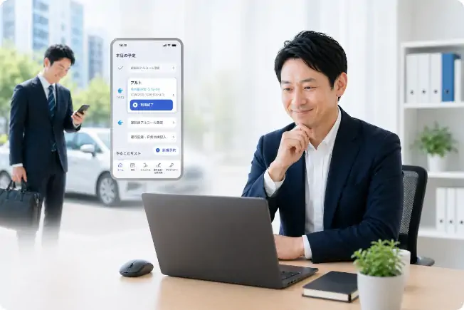 Bqeyアプリでアルコールチェックと運行記録を確認するビジネスパーソン